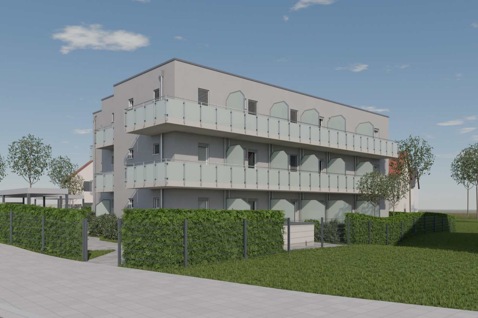 Visualisierung des Hauses von Südwesten: graue Putzfassade, Balkone mit satinierten Glasbrüstungen und Edelstahlpfosten